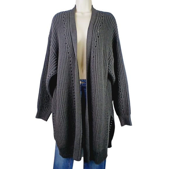 Mittoshop Women's SZ S Cotton Blend Long Sleeve Longline Cardigan DK Gray J20609 - Picture 2 of 6